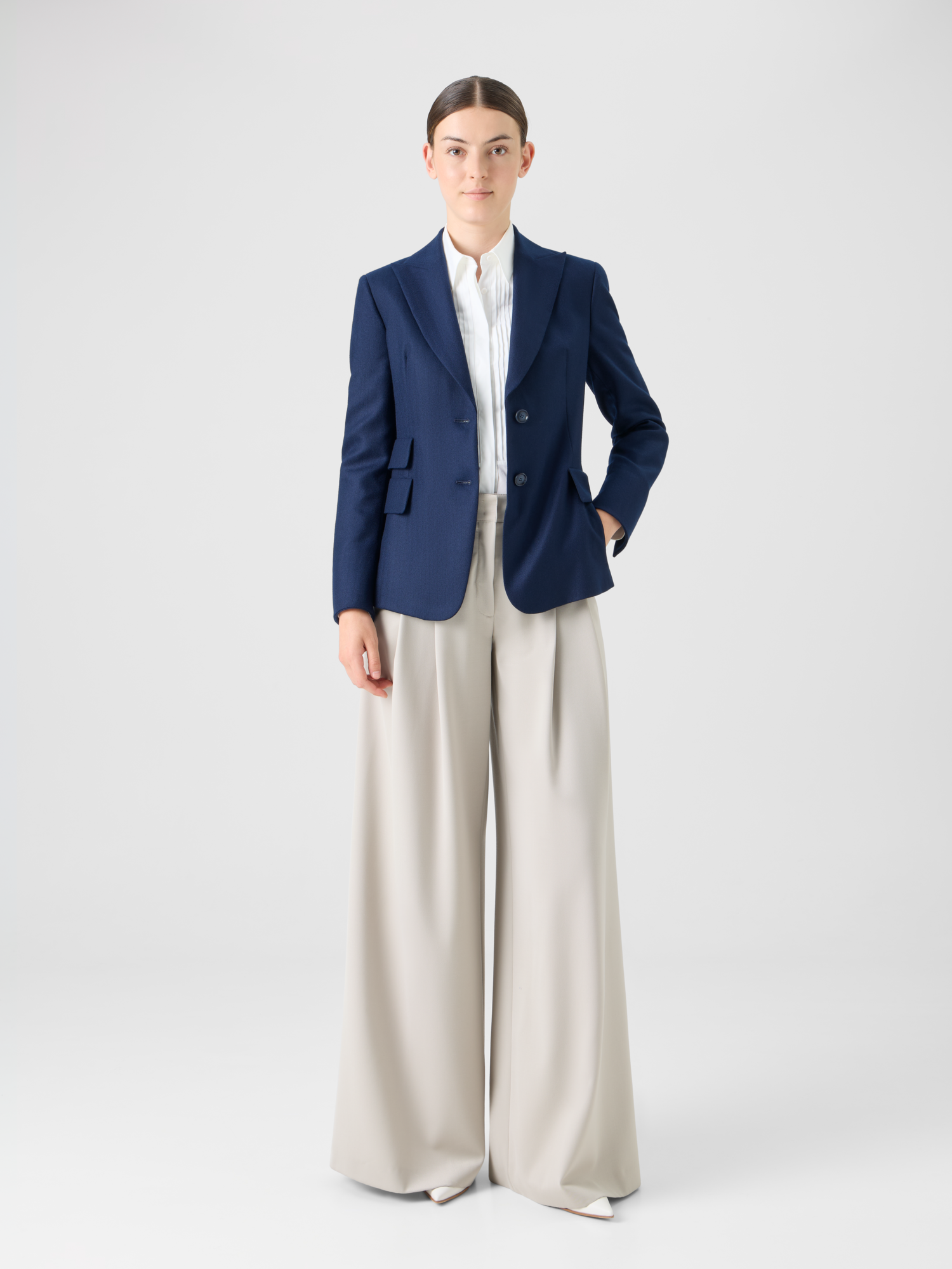 Designer Cashmere Herringbone Two-Button Blazer - navy - blue 
