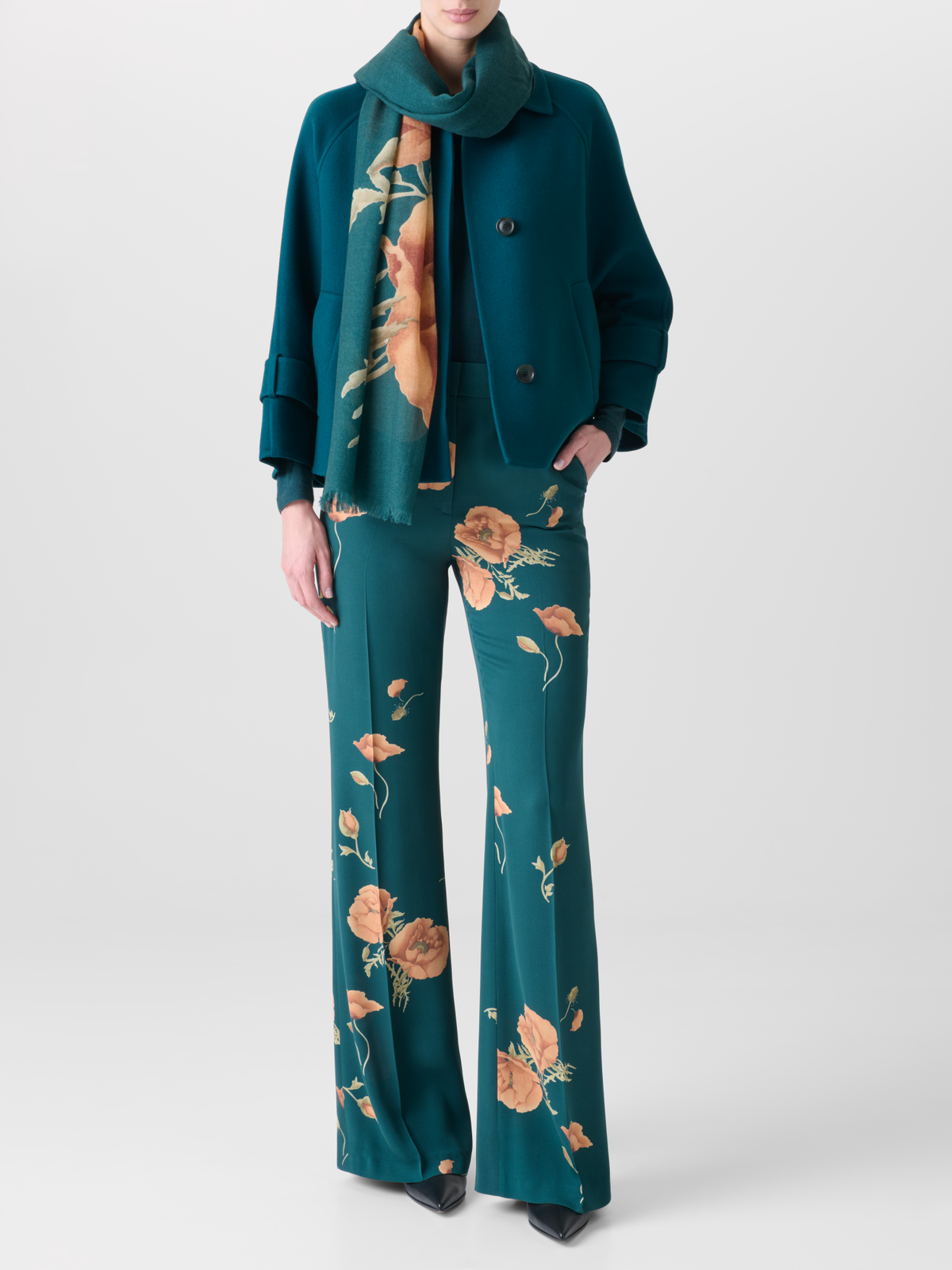 Designer Cashmere Silk Scarf with Placed Anemone Print - green - multicolor #editorial