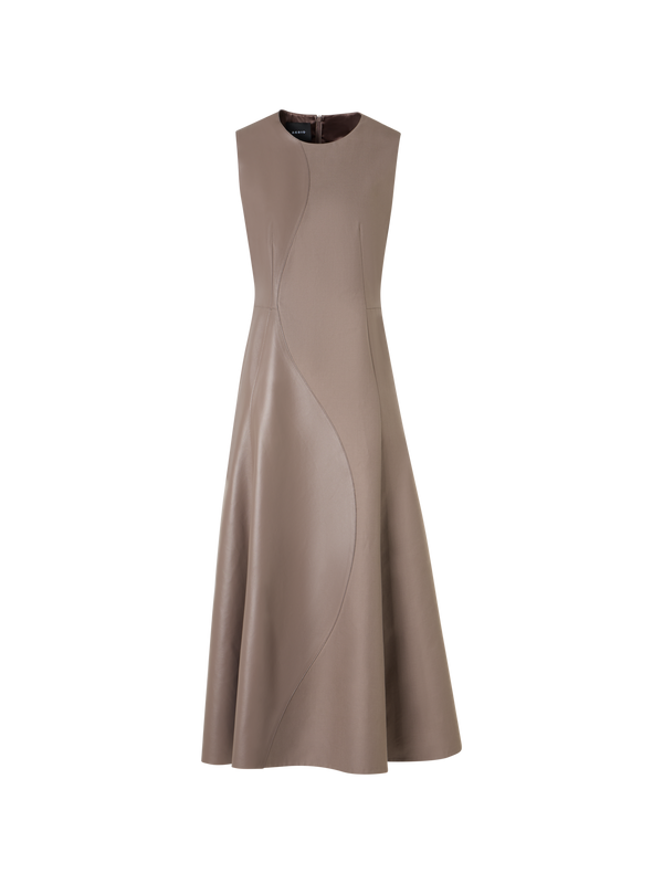 Designer Flared Midi Dress with Leather Patchwork - neutral - beige