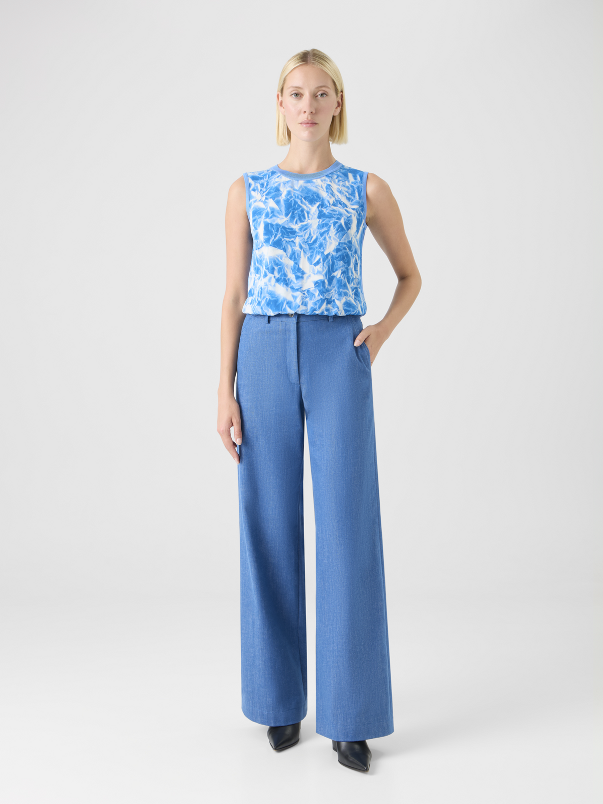 Designer Silk Knit Top with Whitecaps Print - blue #editorial