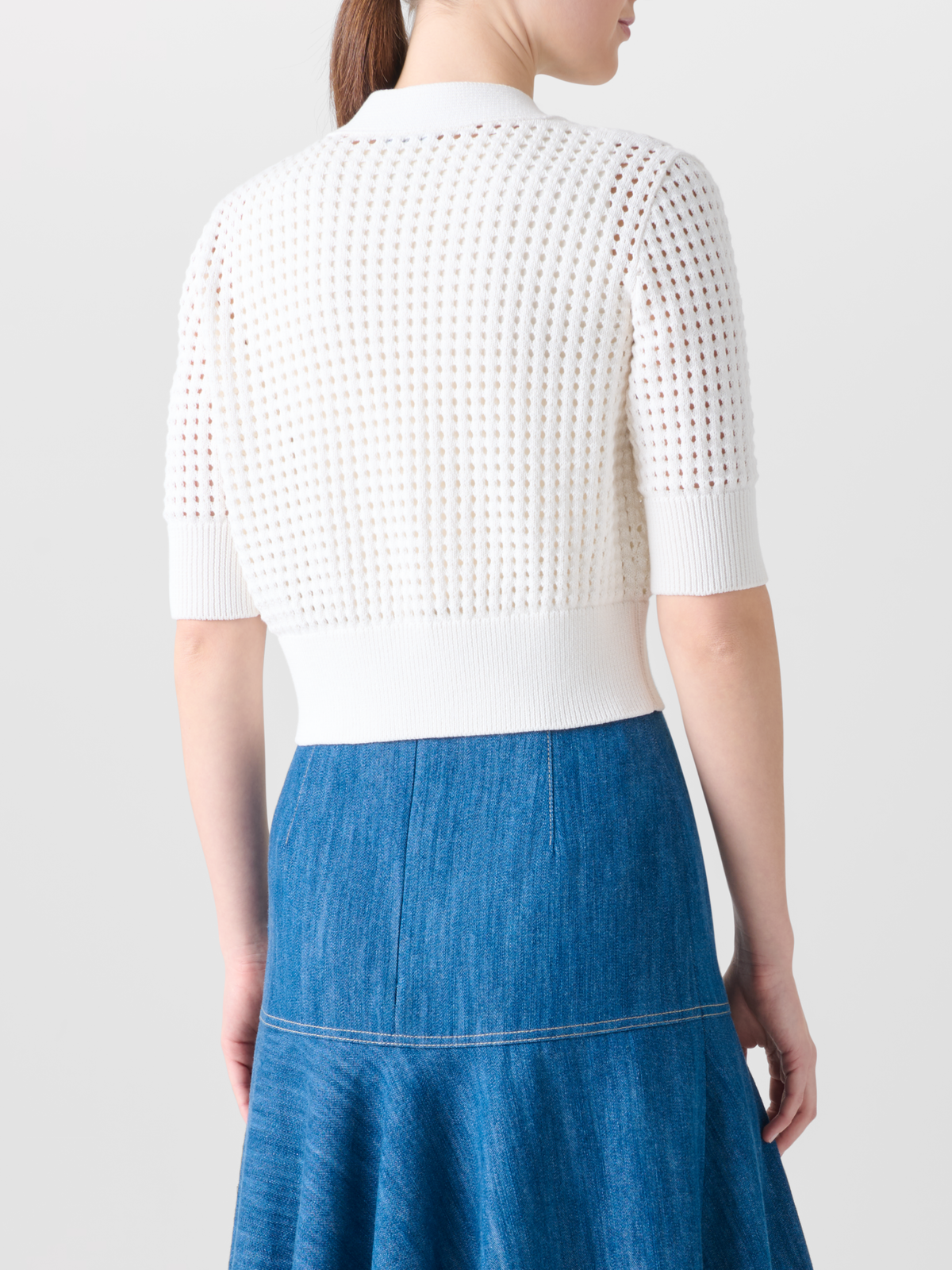 Designer Cropped Cardigan in Chunky Cotton Mesh - neutral - ecru - white #editorial