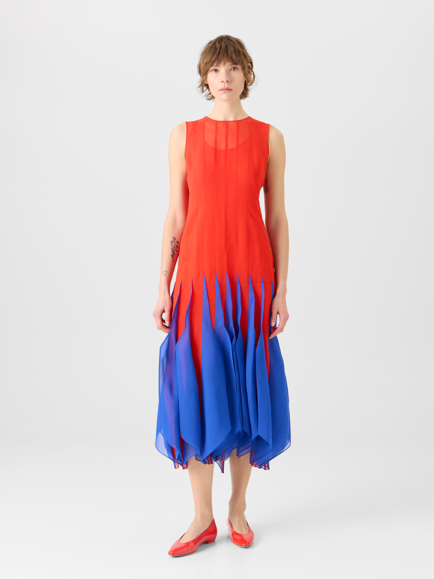 Designer Silk Midi Dress with High Plains Insets - multicolor - red 