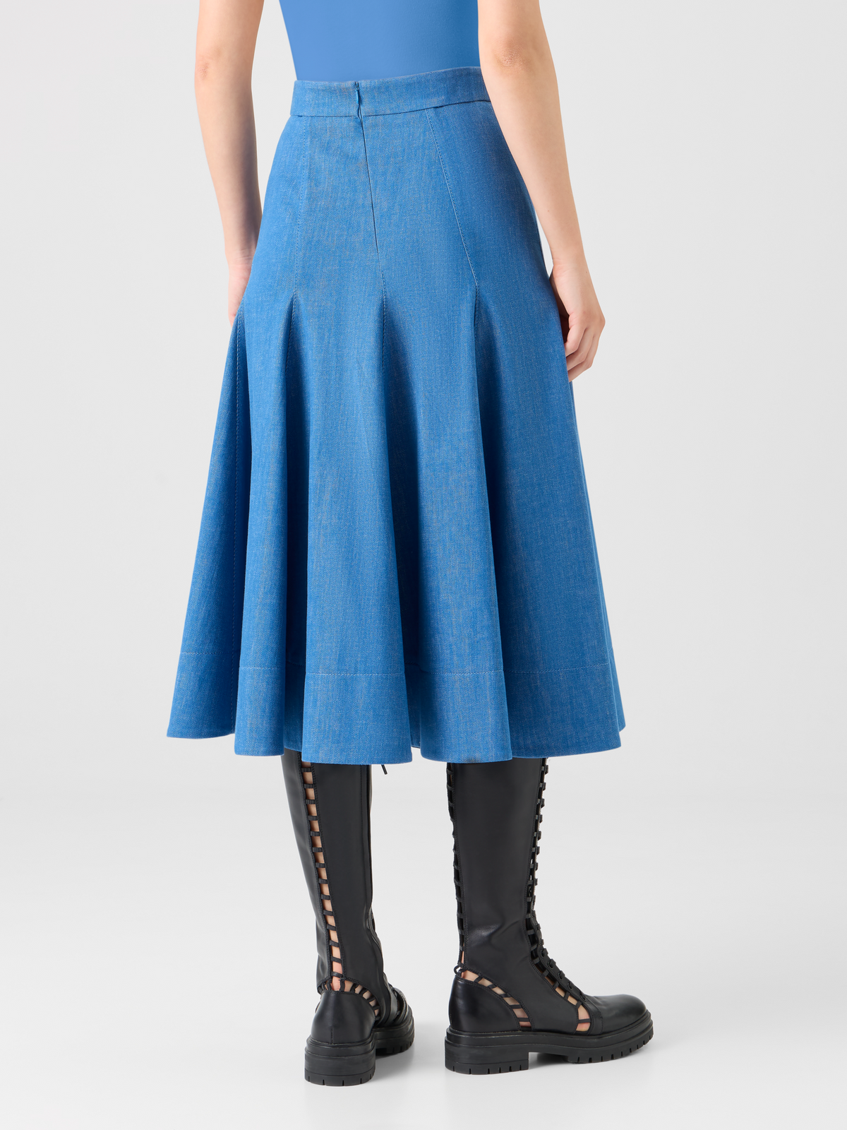 Designer Diagonal Godet Cotton Stretch Denim Midi Skirt - blue #editorial