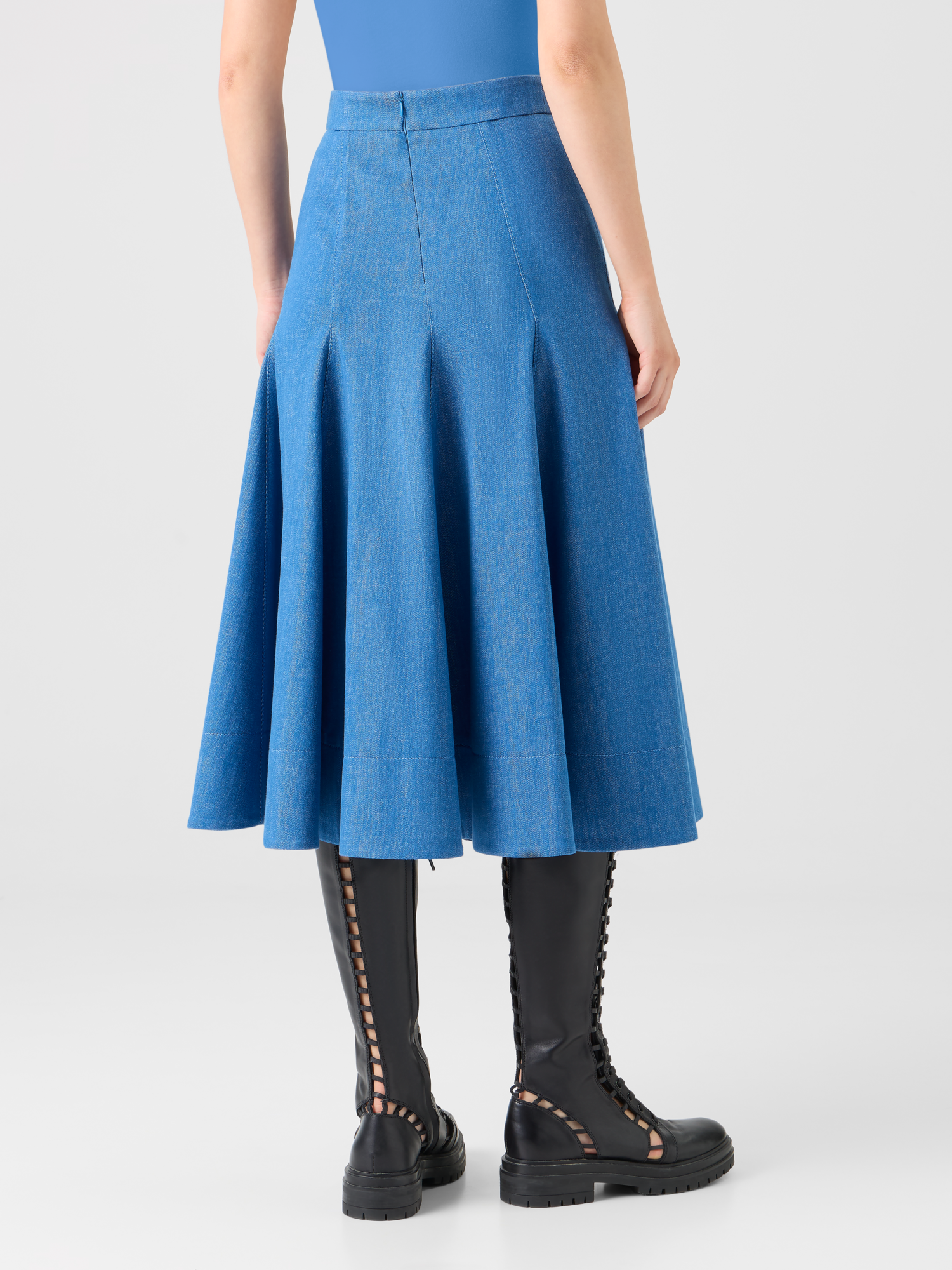Designer Diagonal Godet Cotton Stretch Denim Midi Skirt - blue 