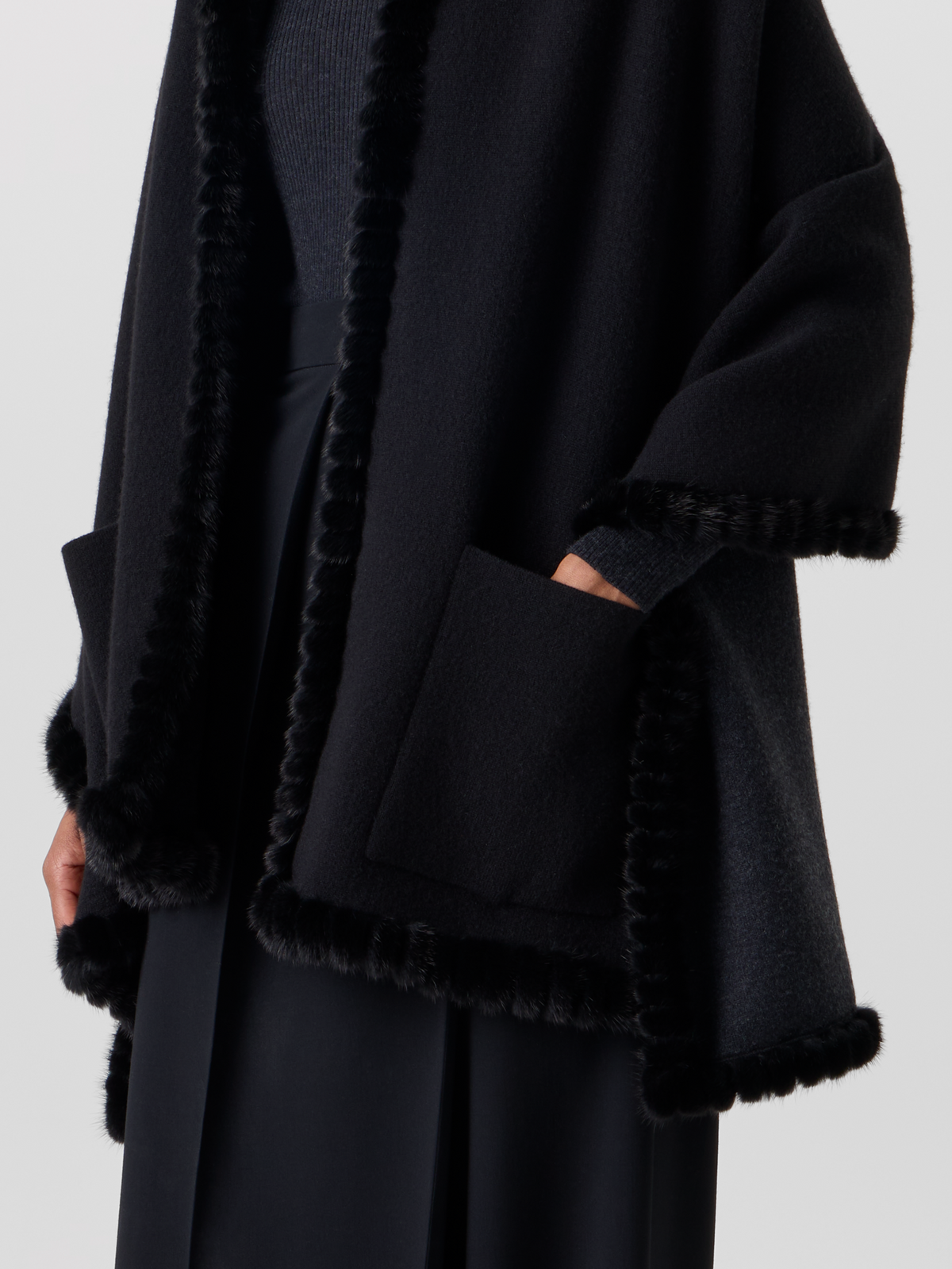 Designer Reversible Hooded Cashmere Cape with Mink Trim - grey - black 