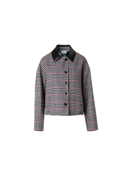 Designer Glencheck Tweed Jacket with Faux Leather Collar - black - multicolor