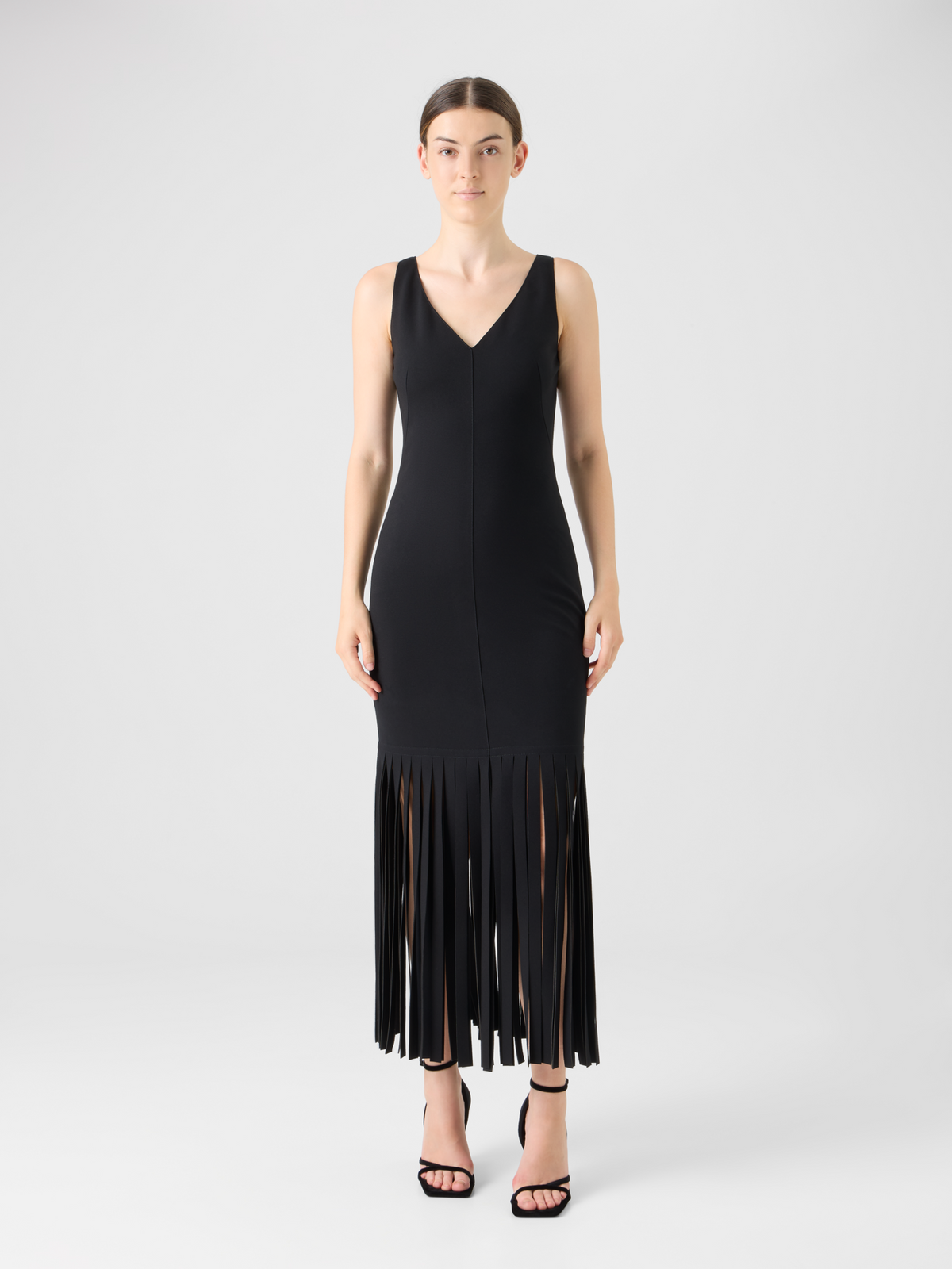 Designer Viscose Jersey Dress with Fringe Hem - black #editorial
