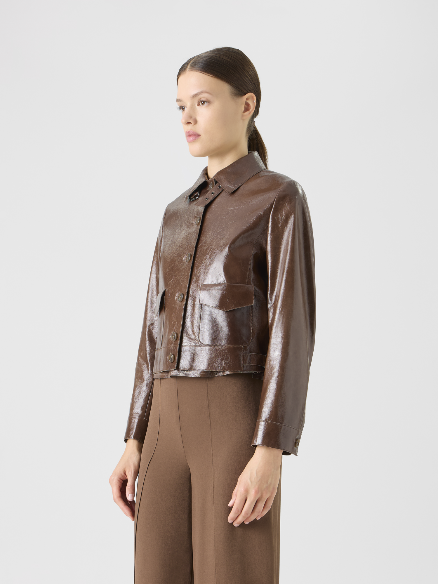 Designer Lacquered Leather Short Jacket - brown 