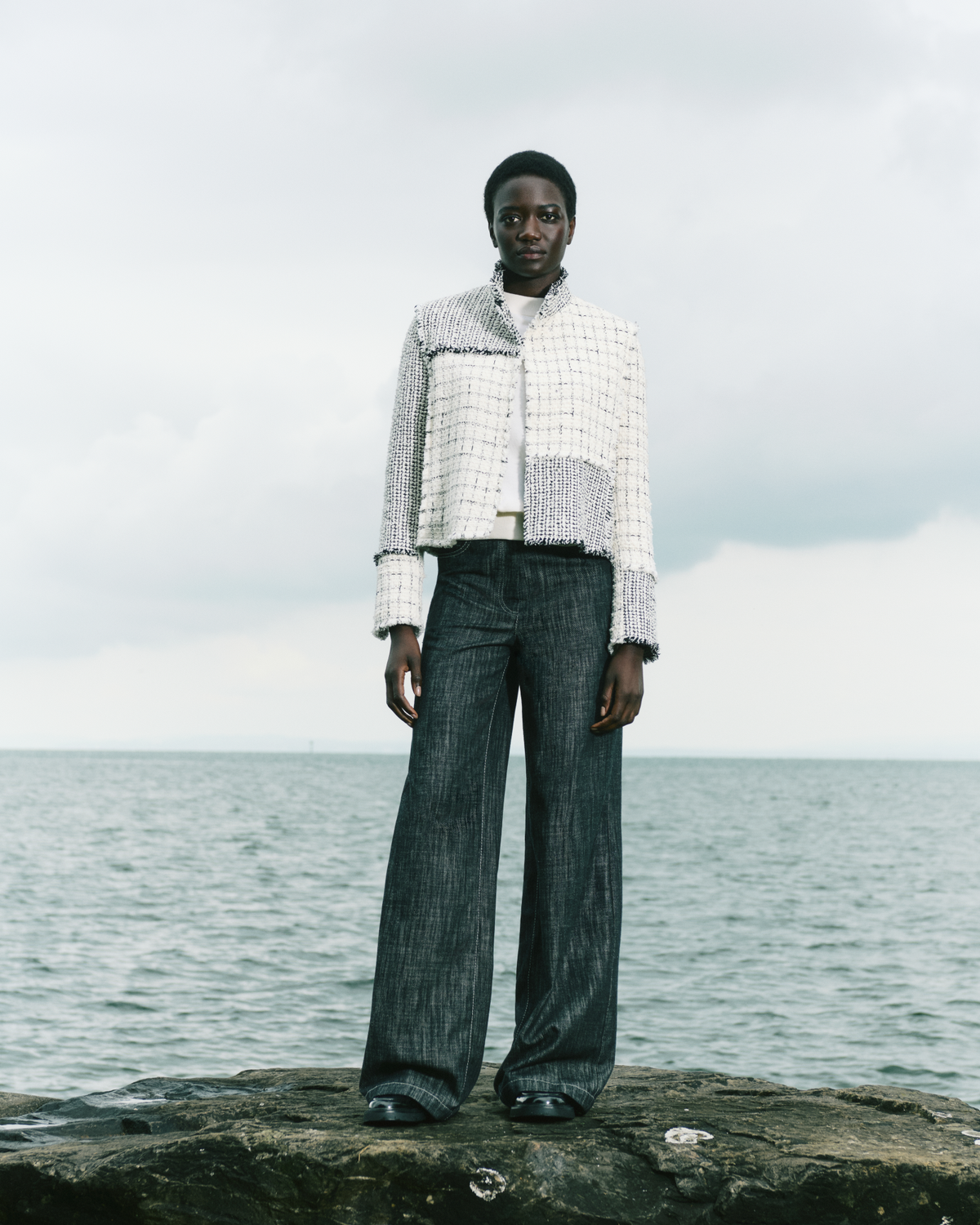 Designer Short Jacket in Patchwork Tweed - black - neutral - multicolor - ecru - white #editorial