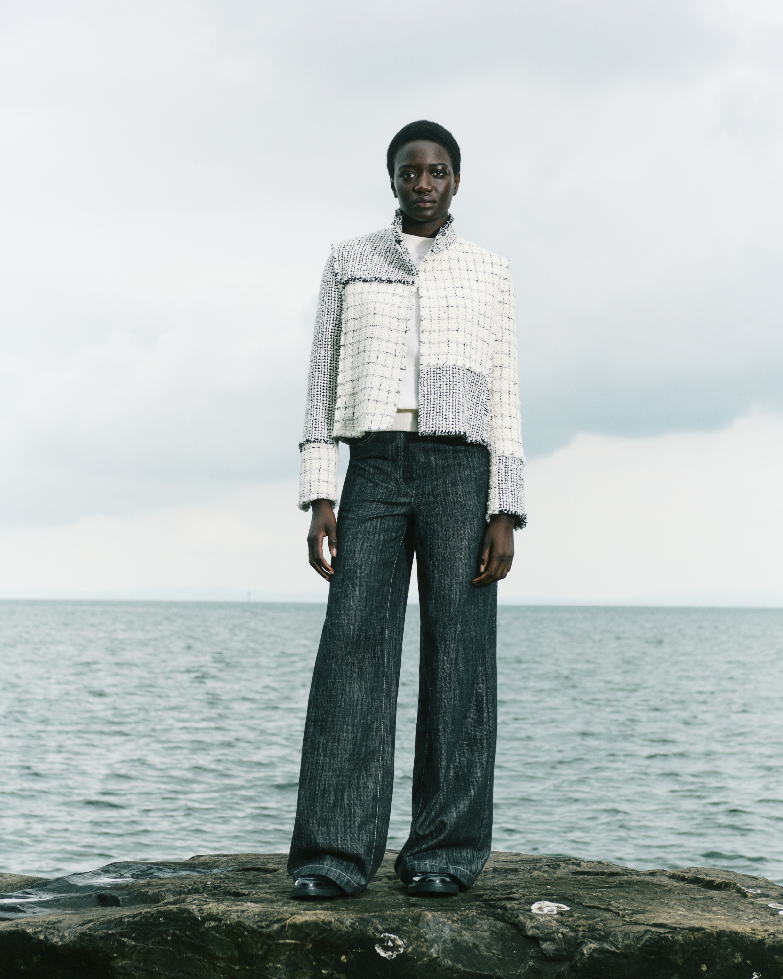 Designer Short Jacket in Patchwork Tweed - black - neutral - multicolor - ecru - white 