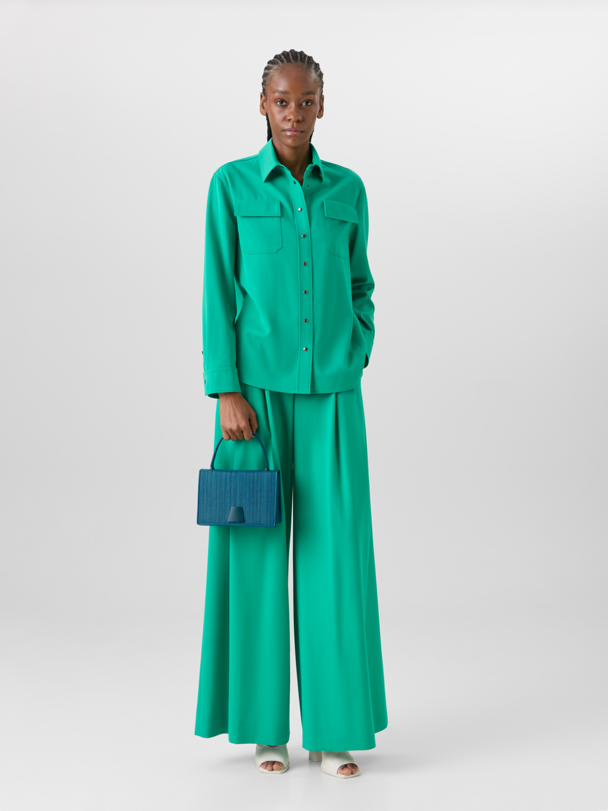 Designer Cassie Flared Wide-Leg Pants in Wool Gabardine - green #editorial