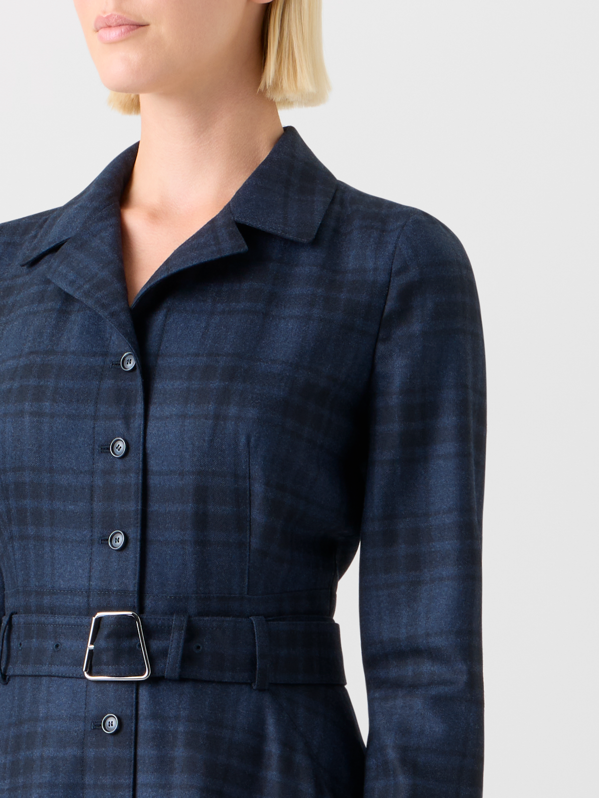 Designer Belted Wool Flannel Plaid Midi Shirt Dress - neutral - navy - blue #editorial