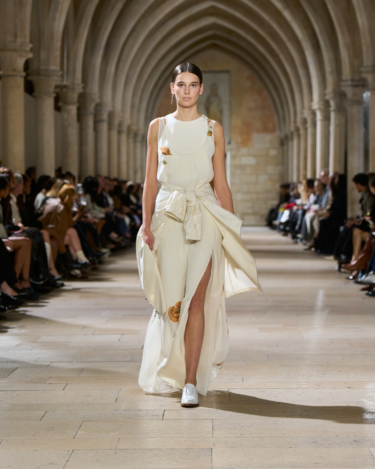 Designer Long Silk Gown with Anemone Print - neutral - multicolor - ecru - white #editorial