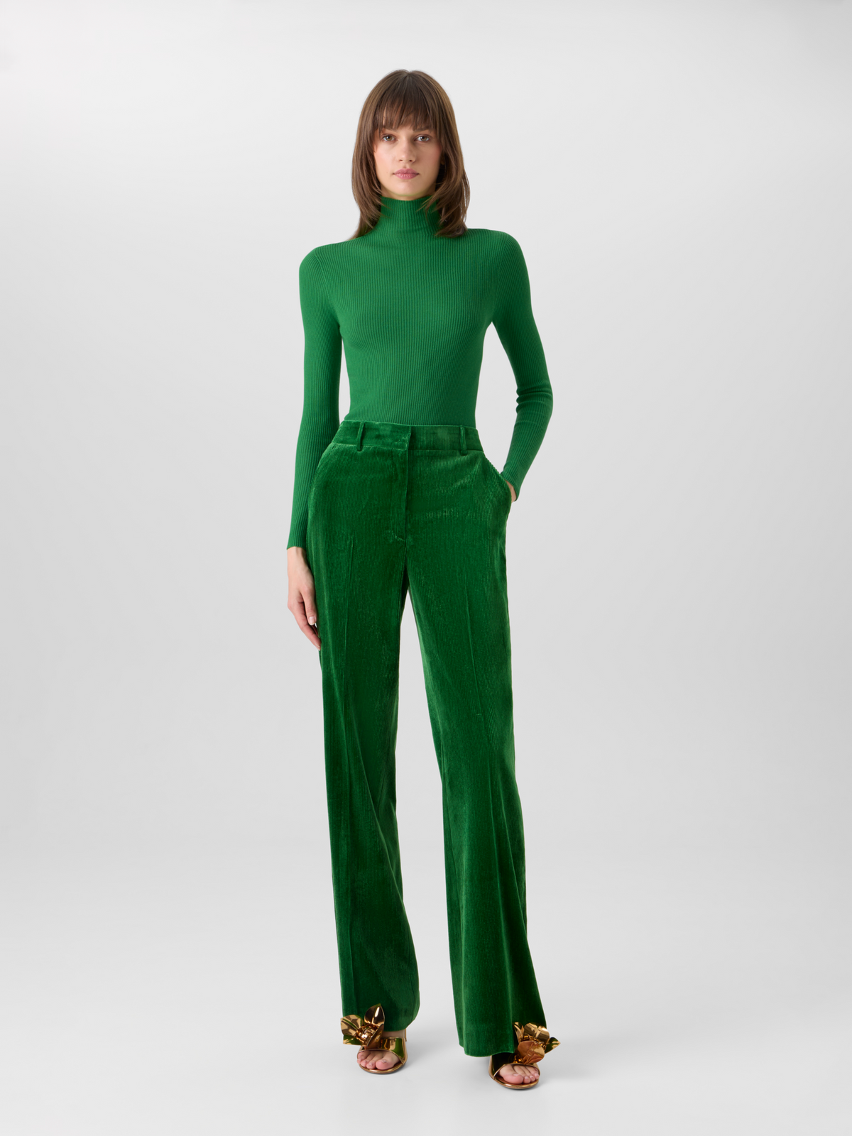 Designer Wide Leg Pants in Fluid Corduroy - green #editorial