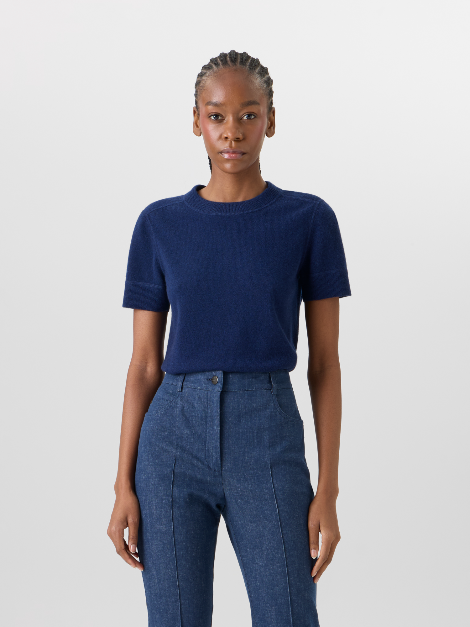 Designer Short-Sleeve Cashmere Knit Sweater - blue 