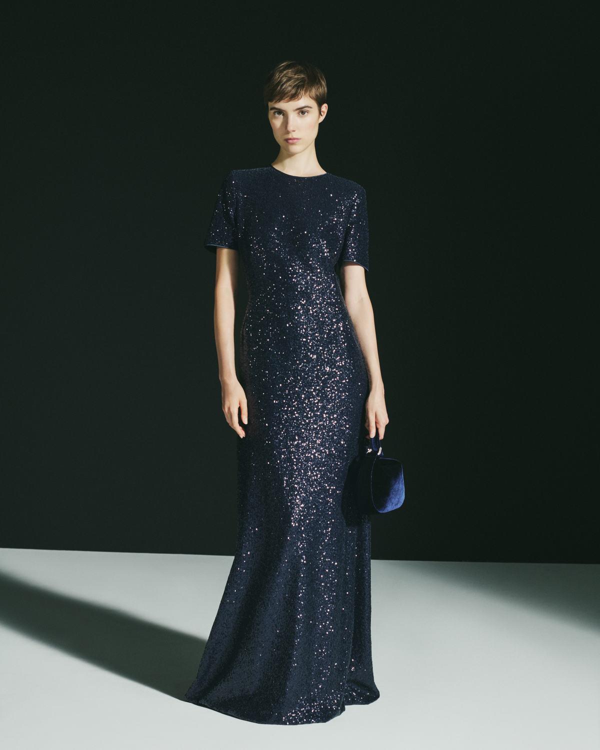 Designer Long Sequined Evening Gown with Short Sleeves - navy - blue #editorial