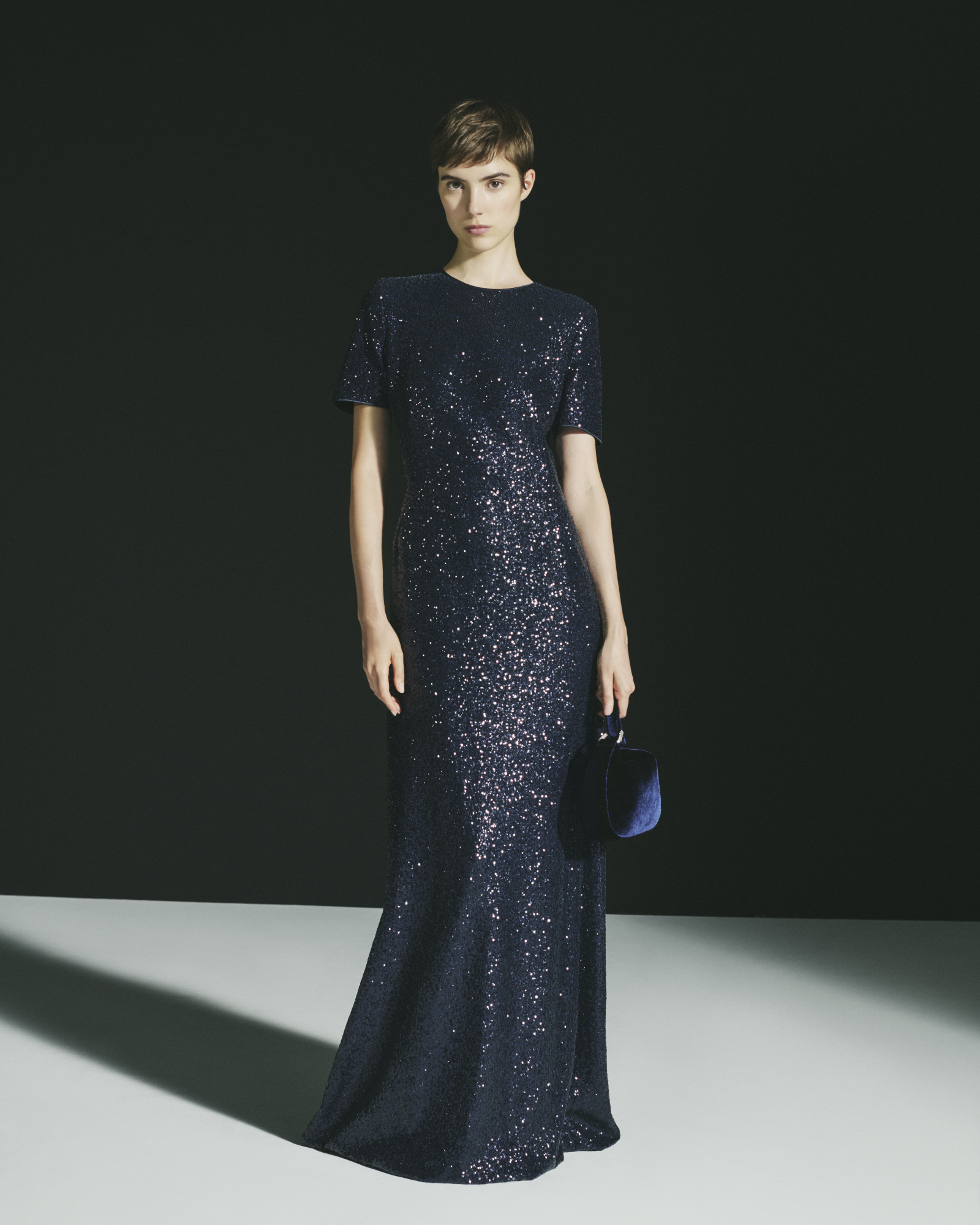 Designer Long Sequined Evening Gown with Short Sleeves - navy - blue 