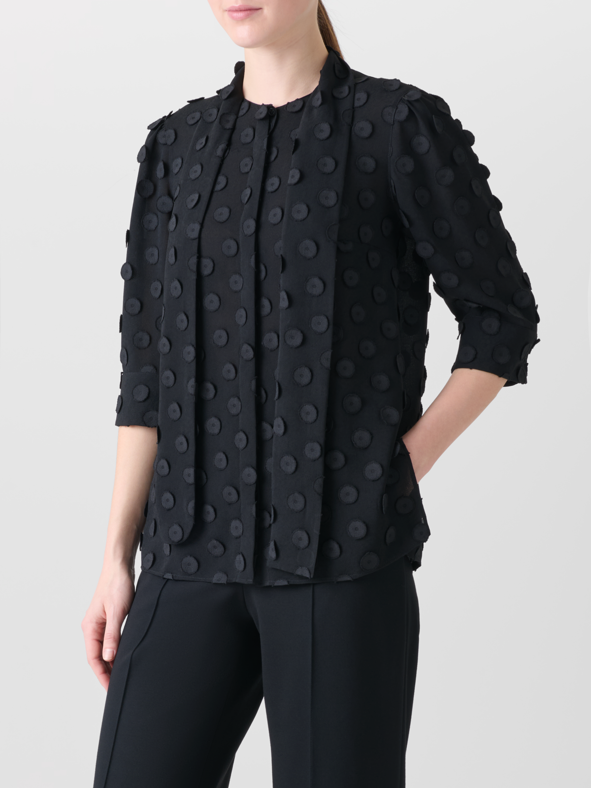 Designer Blouse with Bow and 3D Polka Dots - black - neutral #editorial