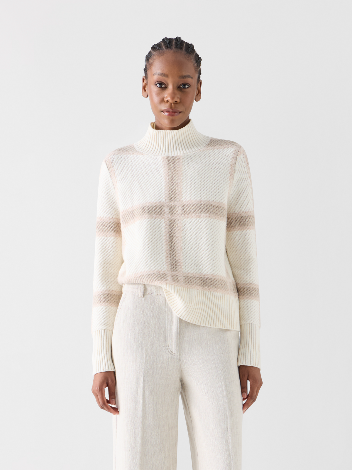 Designer Wool Cashmere Sweater with Intarsia Plaid - ecru - multicolor 