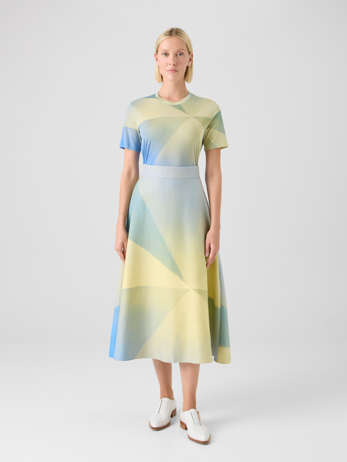 Designer Sunbeam Print Silk Jersey T-Shirt - blue - multicolor - yellow #editorial