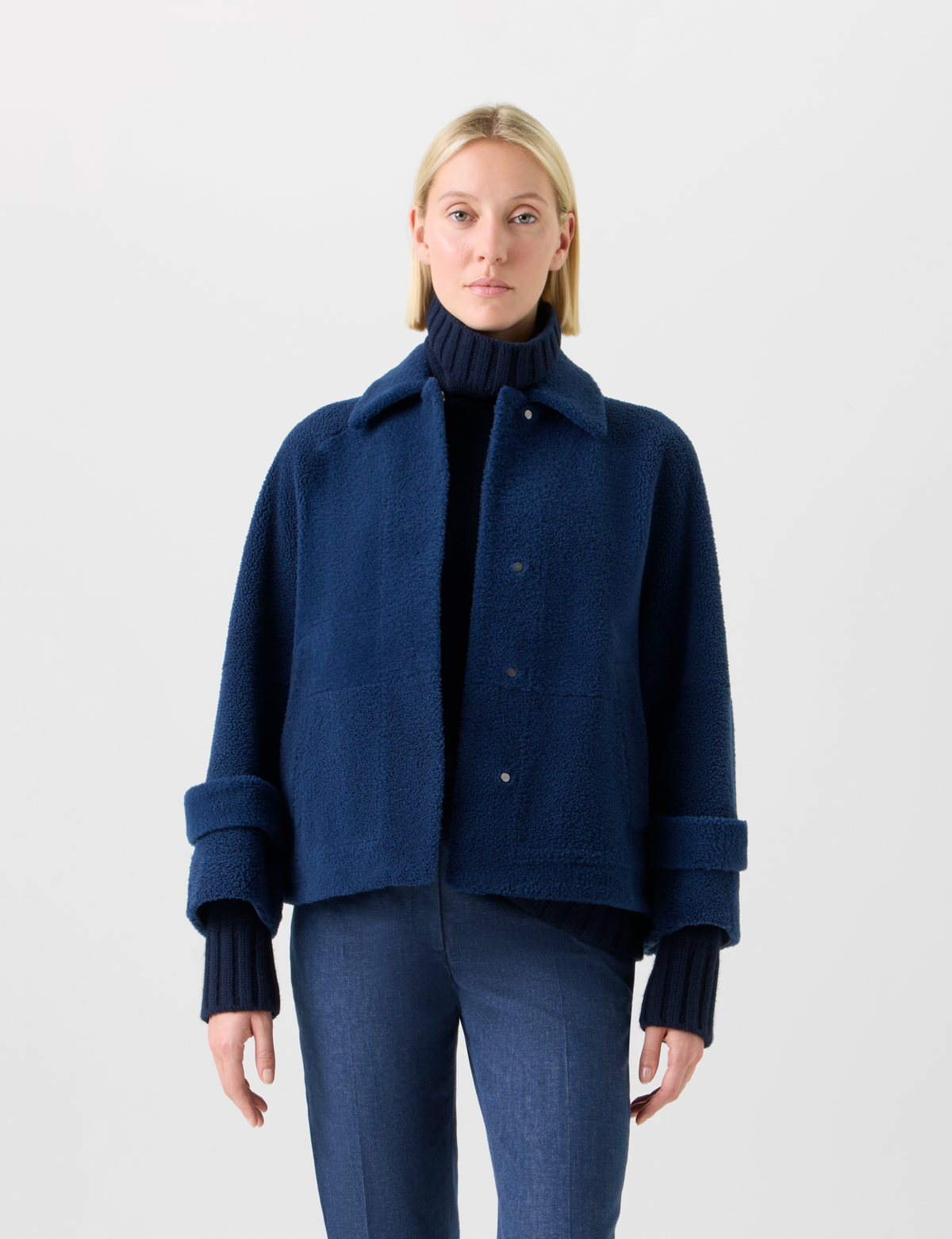 Designer Short A-Line Shearling Jacket - neutral - navy - blue #editorial