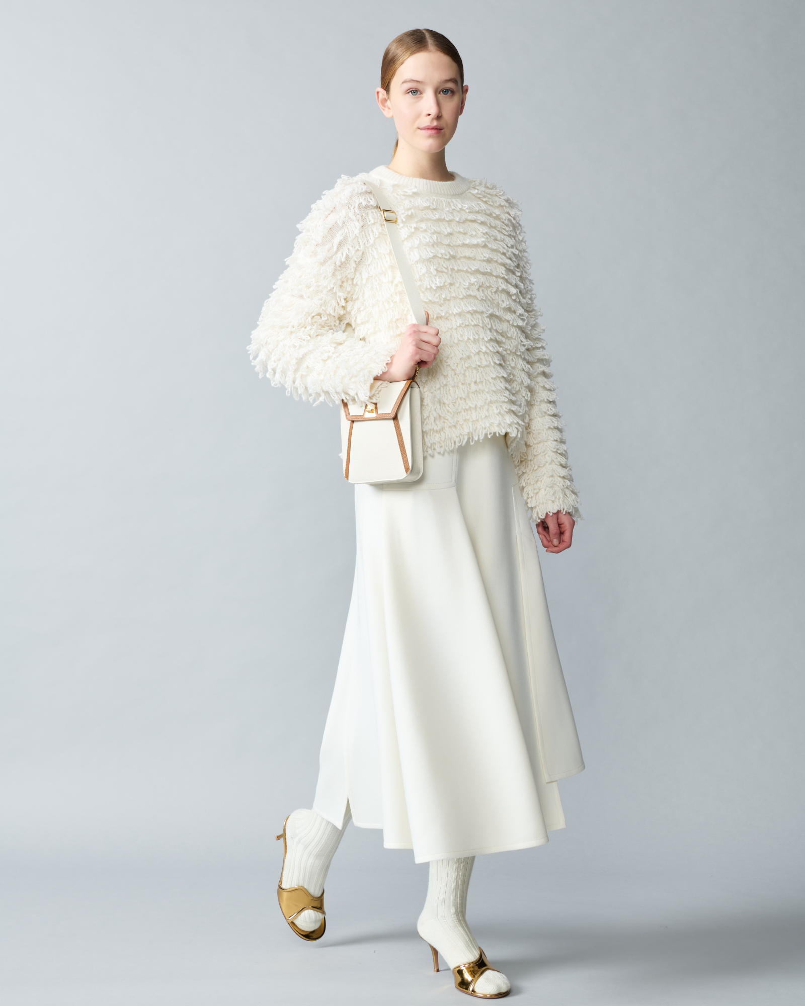 Designer Allover Loops Wool Silk Cashmere Sweater - ecru - white 