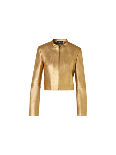 Designer Short Fitted Lamé Calf Nappa Leather Jacket - gold