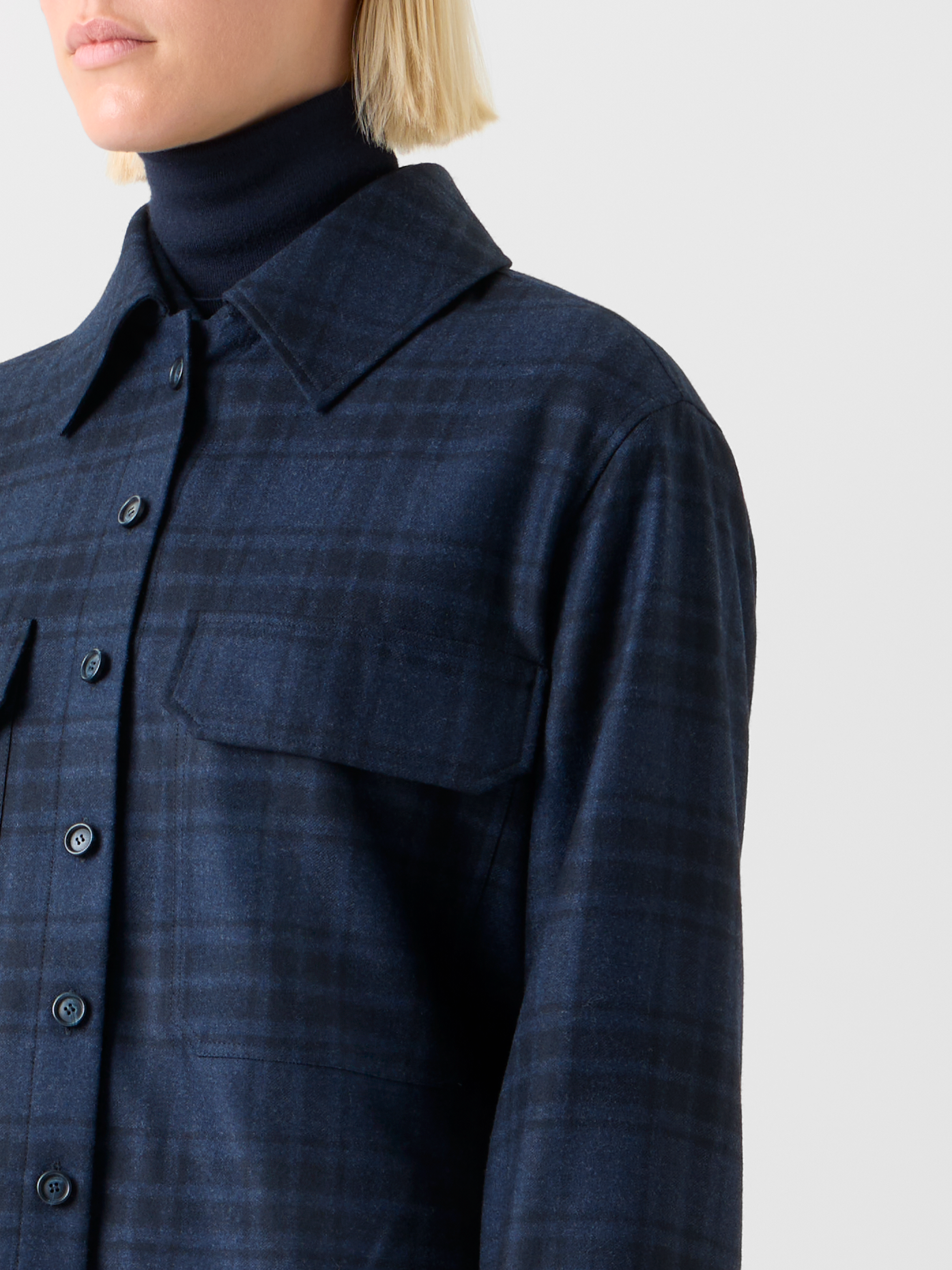 Designer Oversized Wool Flannel Plaid Shirt Jacket - neutral - navy - blue 