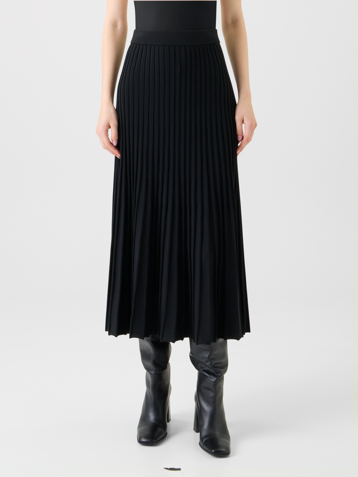 Designer A-Line Merino Wool Rib Knit Pleated Midi Skirt - black - neutral #editorial