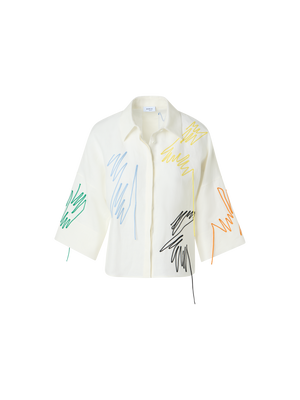 Designer Linen Cropped Blouse with Scribble Application - white