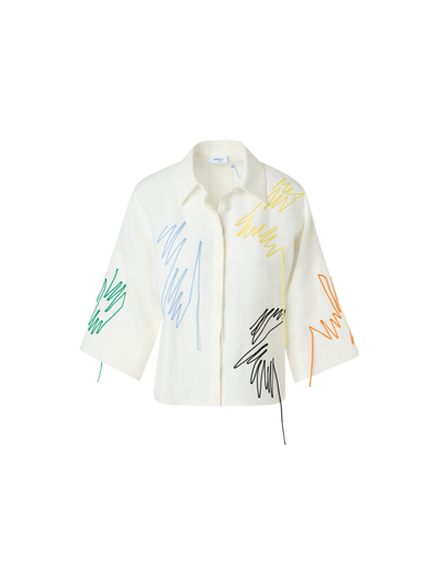 Designer Linen Cropped Blouse with Scribble Application - white