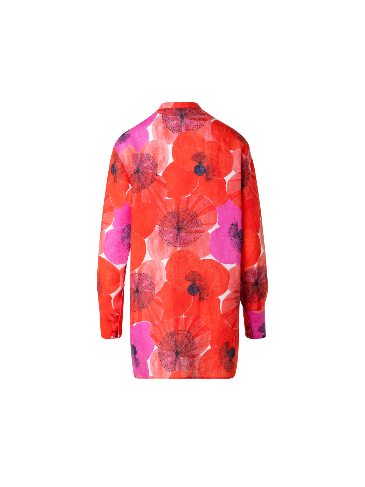 Designer Oversize Linen Tunic Blouse with Poppy Print - multicolor - red