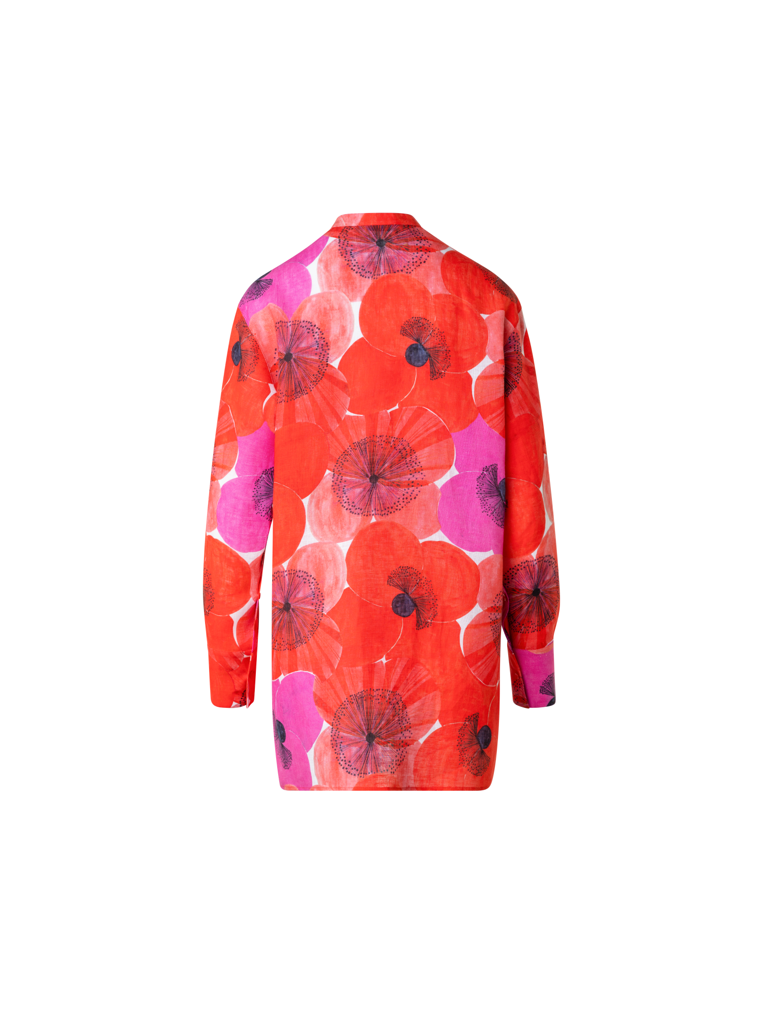 Designer Oversize Linen Tunic Blouse with Poppy Print - multicolor - red