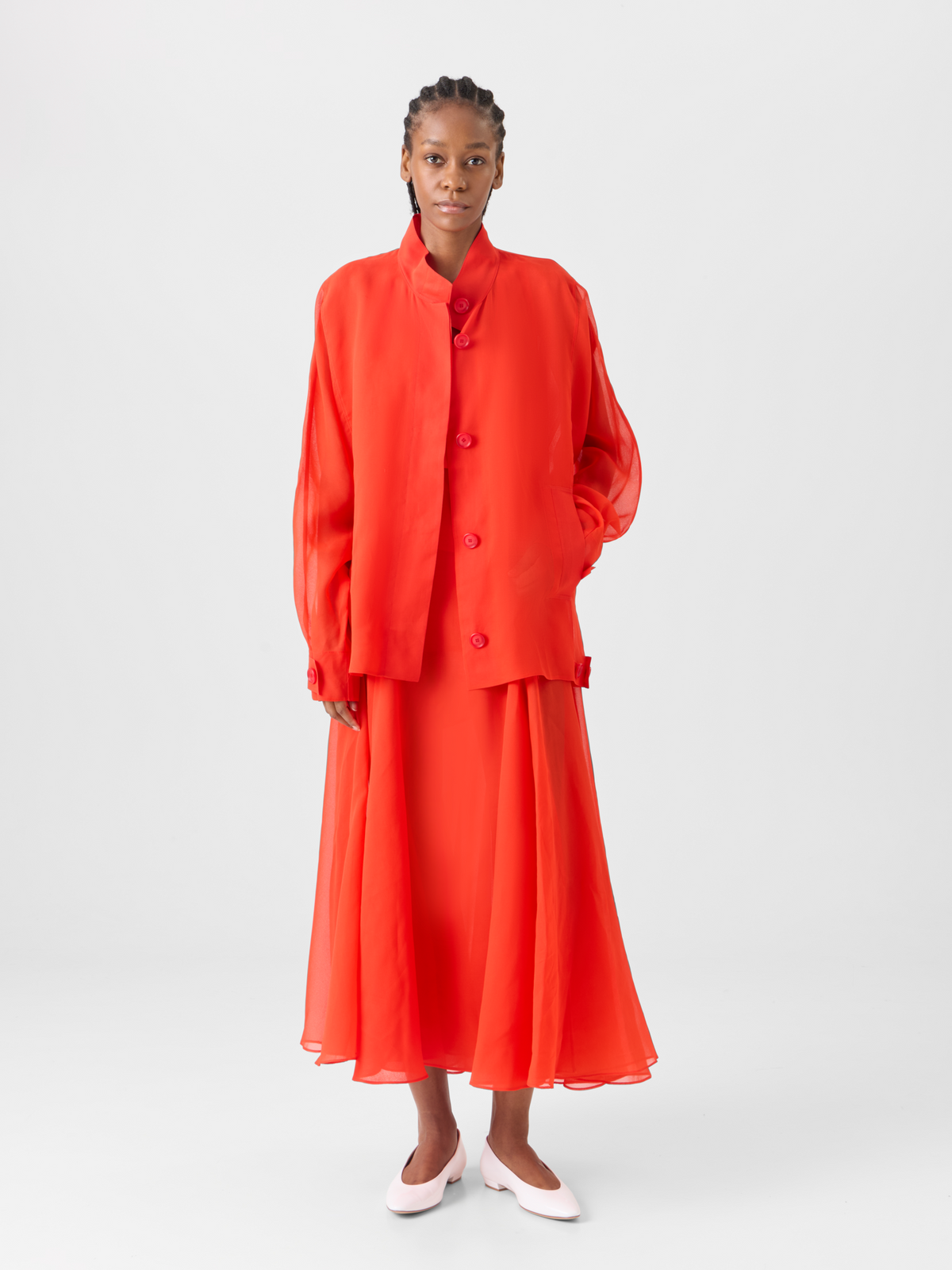 Designer Huma Oversize Parka Jacket in Silk Organza - red #editorial