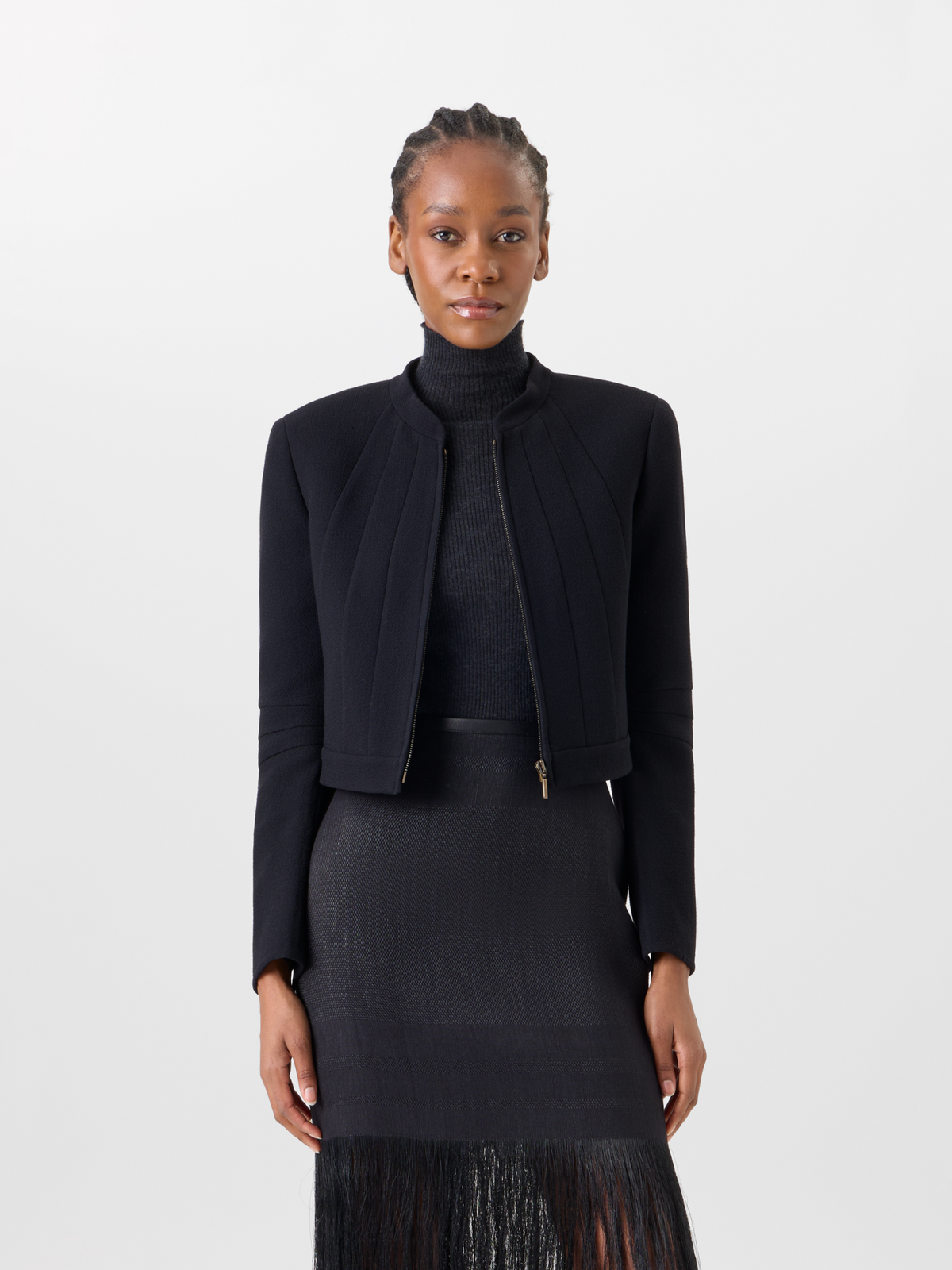 Designer Short Fitted Wool Crêpe Double-Face Jacket - black #editorial