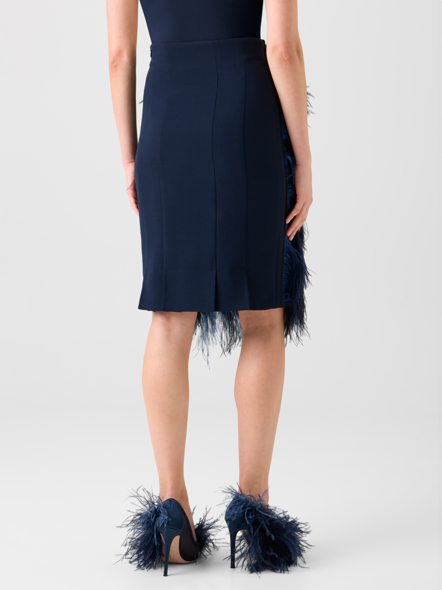 Designer Wool Double-Face Feathered Pencil Skirt - navy - blue - multicolor 