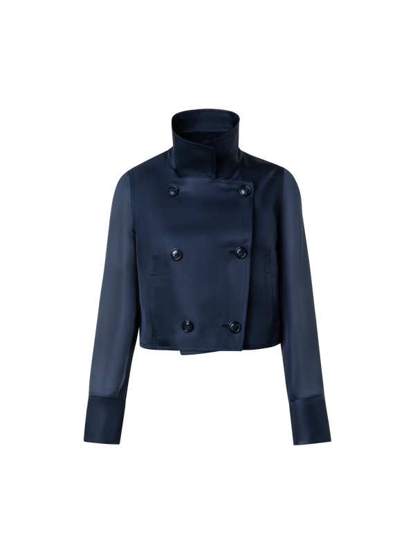 Designer Silk Organza Double-Breasted Short Jacket - navy - blue