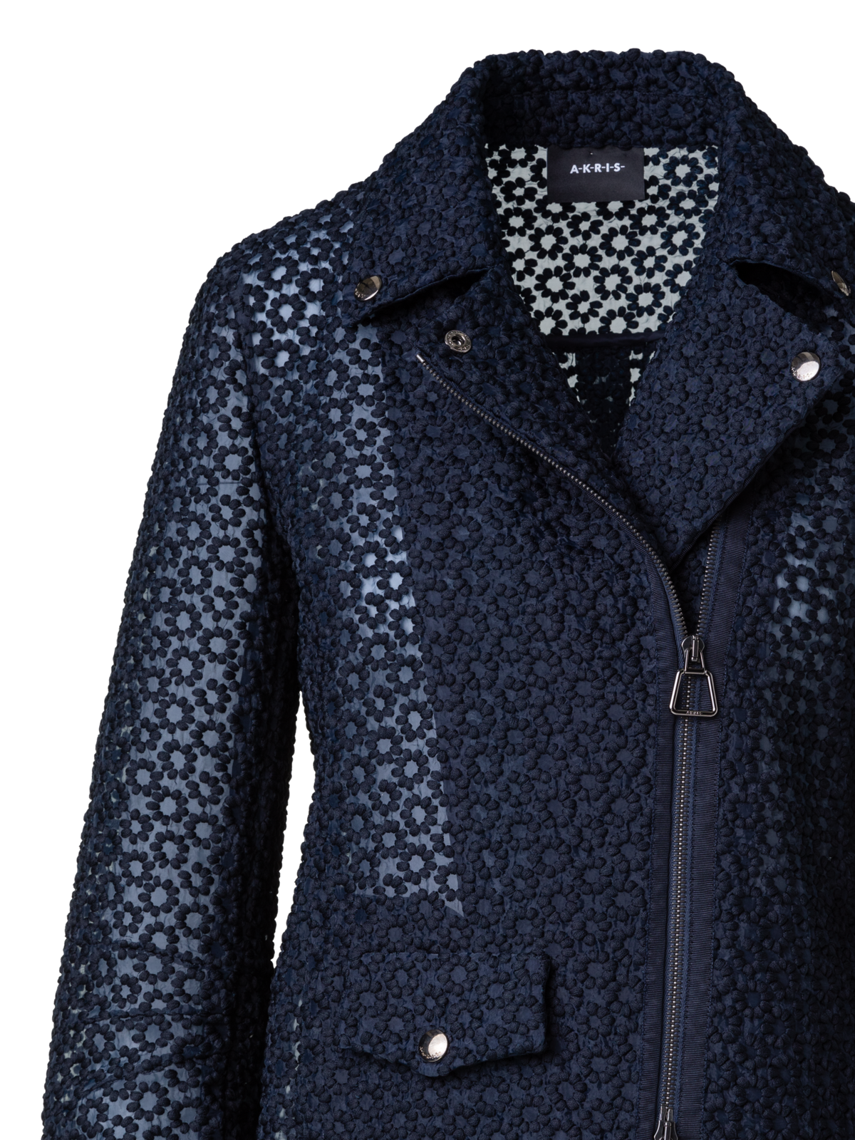 Designer Biker Jacket with St. Gallen Flower Embroidery - navy - blue