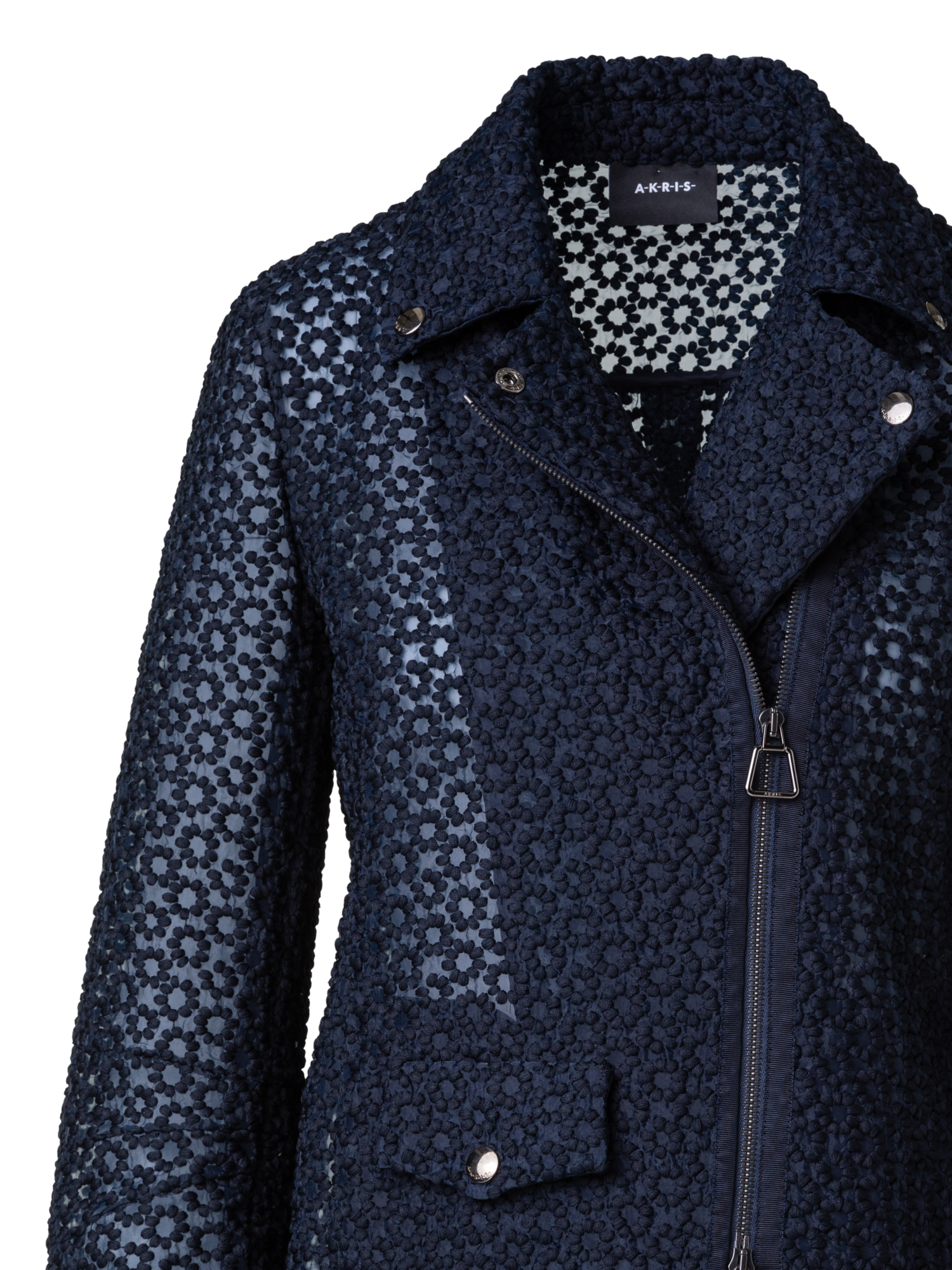 Designer Biker Jacket with St. Gallen Flower Embroidery - navy - blue