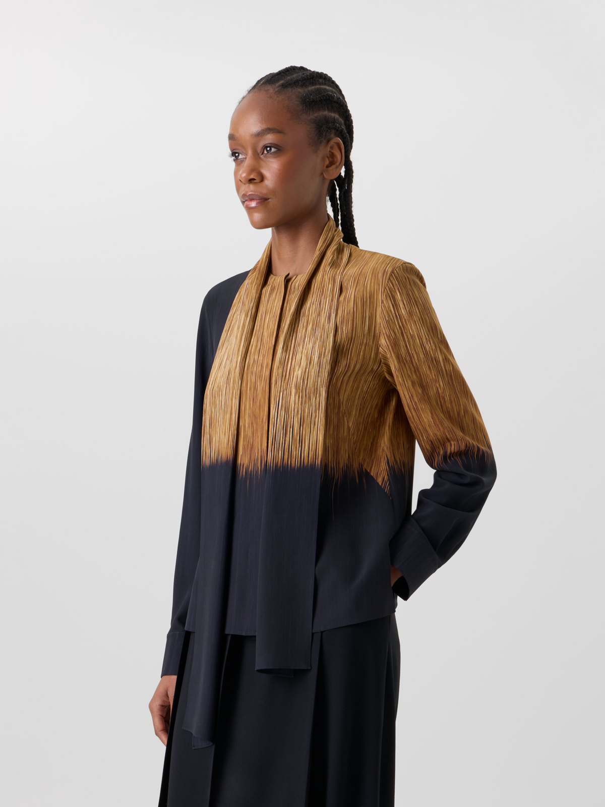 Designer Silk Blouse in Oro Lienzo Print with Scarf - brown - black - multicolor #editorial