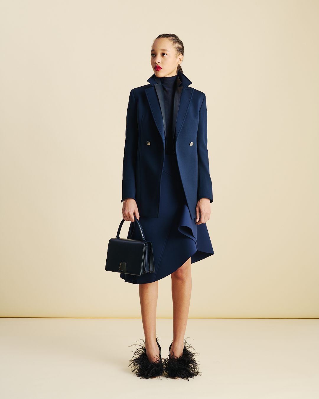 Designer Fitted Double-Breasted Techno Neoprene Jacket - neutral - navy - blue #editorial