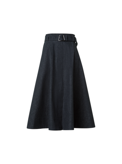 Designer Flared A-Line Midi Skirt in Cotton Denim - black - neutral