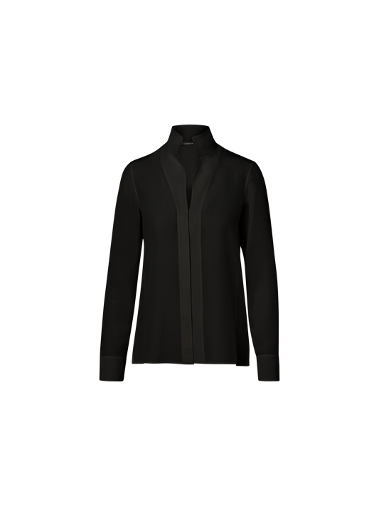 Designer Long Sleeve Silk Blouse with Stand-up Collar - black