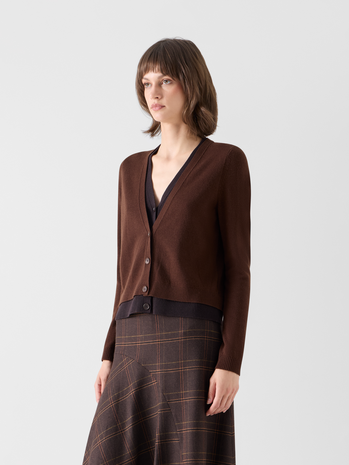 Designer Wool Cashmere Cardigan with V-Neck Trompe l'Oeil - brown 
