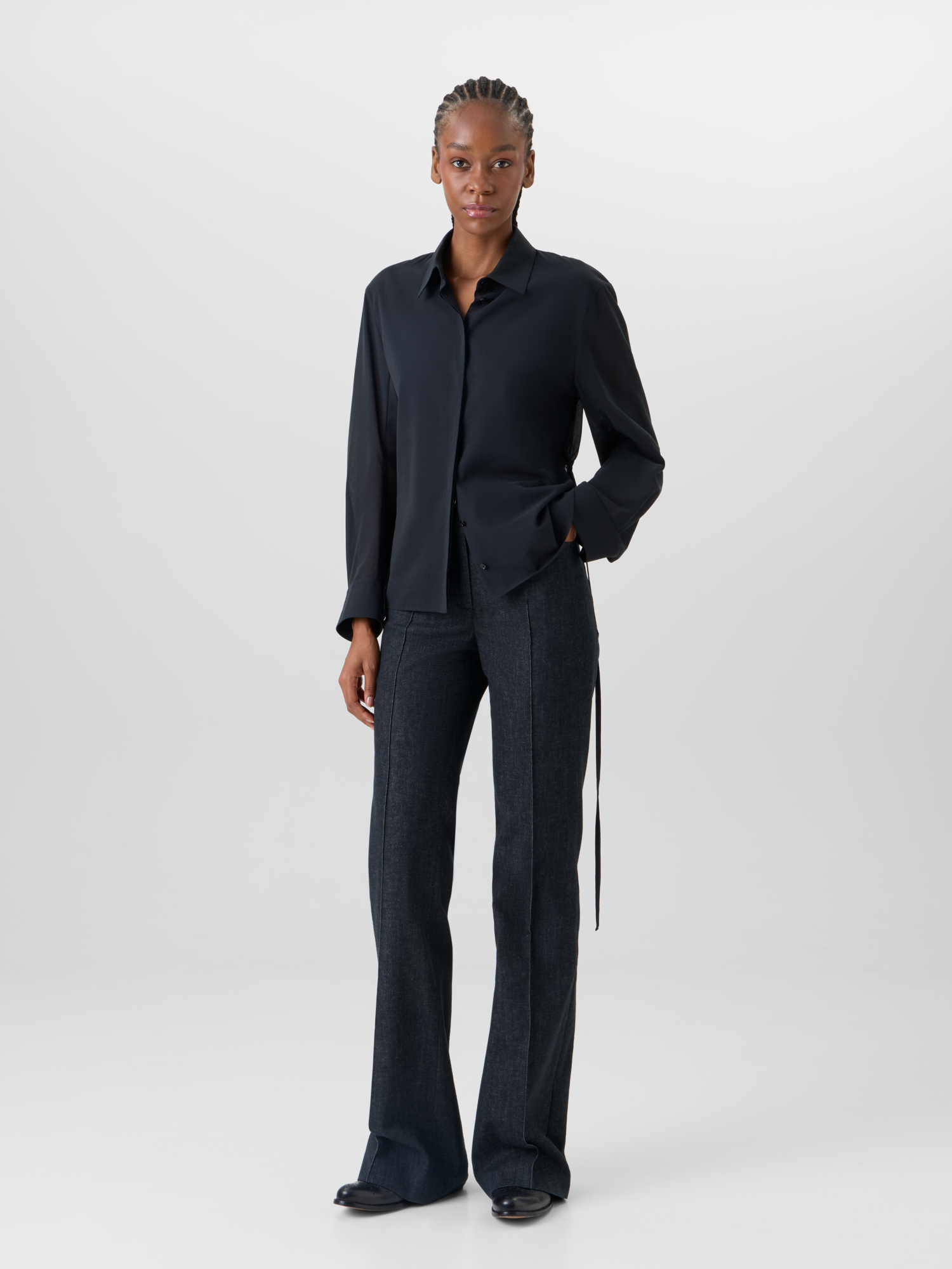 Designer Long-Sleeve Cotton Voile Blouse - black 