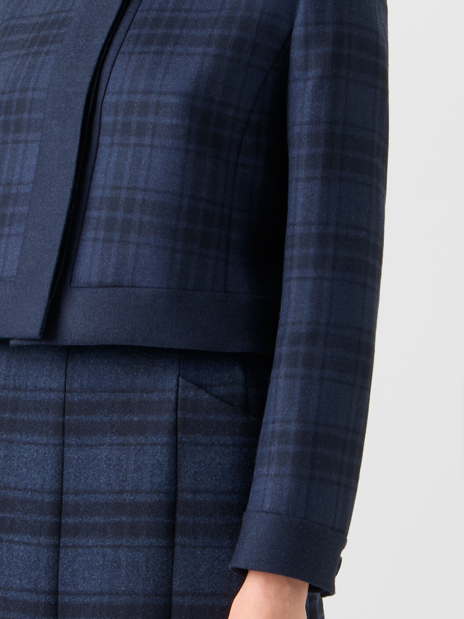 Designer Short Wool Double-Face Plaid Jacket - neutral - navy - blue 