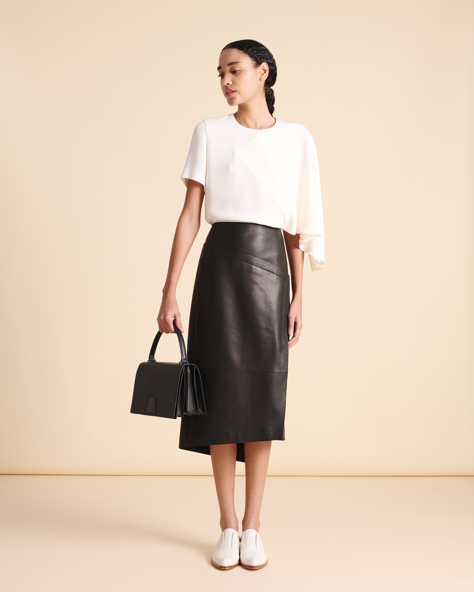 Designer Silk Blouse with Asymmetrical Sleeve - neutral - ecru - white