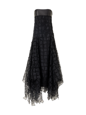 Designer Organza Trapezoid Embroidery Strapless Gown - black