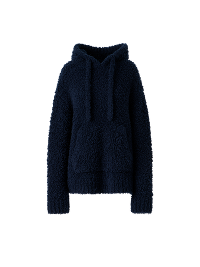Designer Oversized Wool Plush Knit Hoodie - neutral - navy - blue