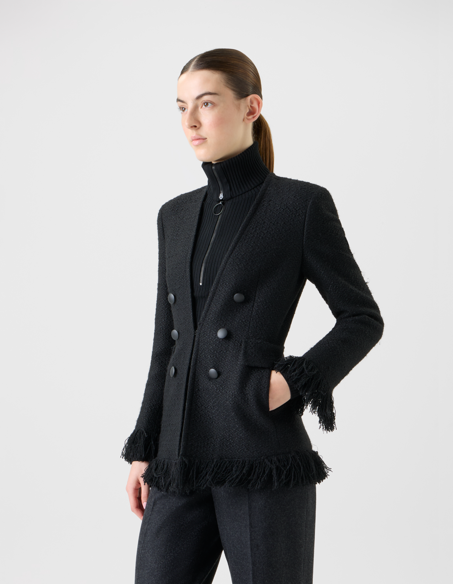 Designer Double-Breasted Illusion Jacket with Fringes - black - neutral 